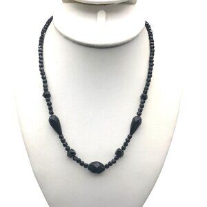 Antique Czech Glass Black Beads, French Jet Beaded Strand Flapper Necklace